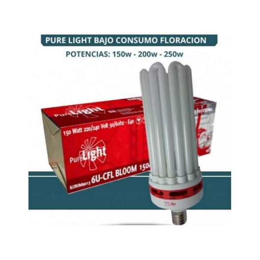 Lámpara fluorescente color blanco,cinta roja en la base, casquillo E40, caja roja