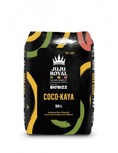 Bolsa de "Coco-Kaya" de 50L con marcas "Juju Royal" y "BioBizz", diseño negro con franjas verdes y amarillas.