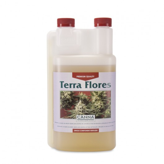 Botella de Canna Terra Flores, un fertilizante premium diseñado para la fase de floración de plantas.
